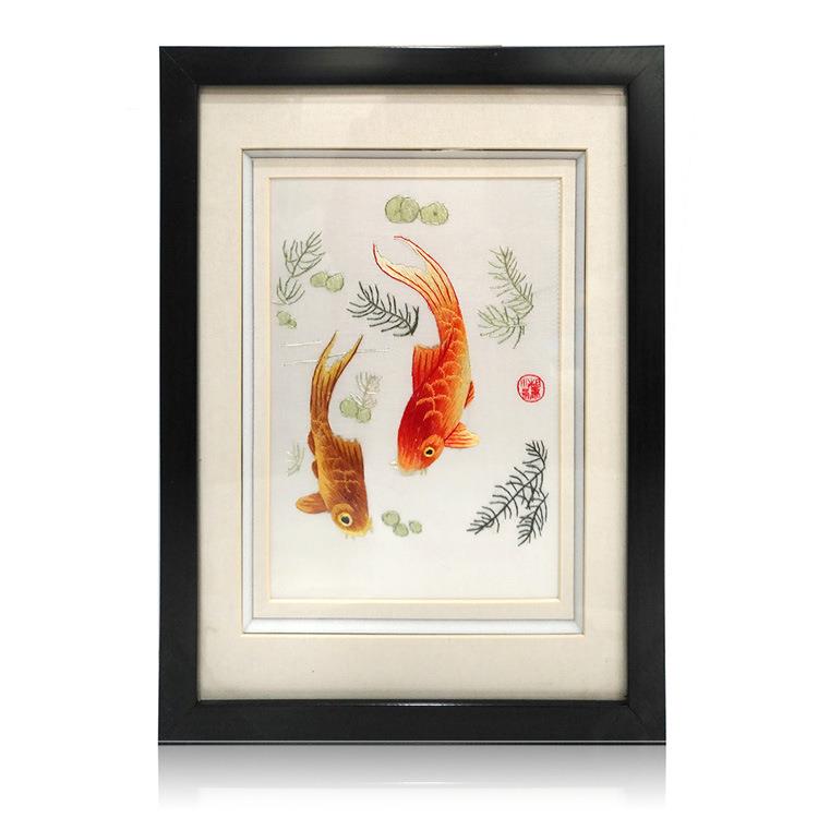紫金湘绣刺绣成品手工刺绣玄关过道装饰壁画 荷花鱼牡丹风景挂画