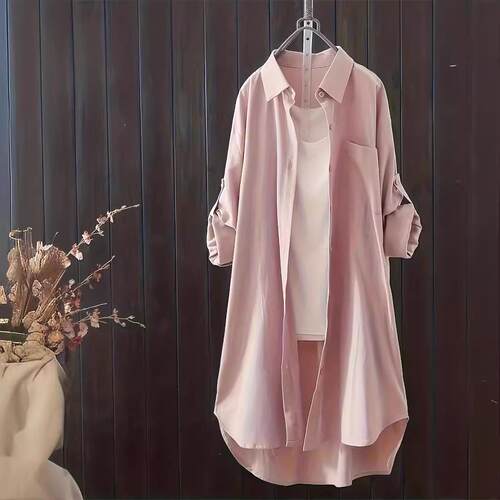 Color versized Button Blouse Spring Sleeve Casual Women