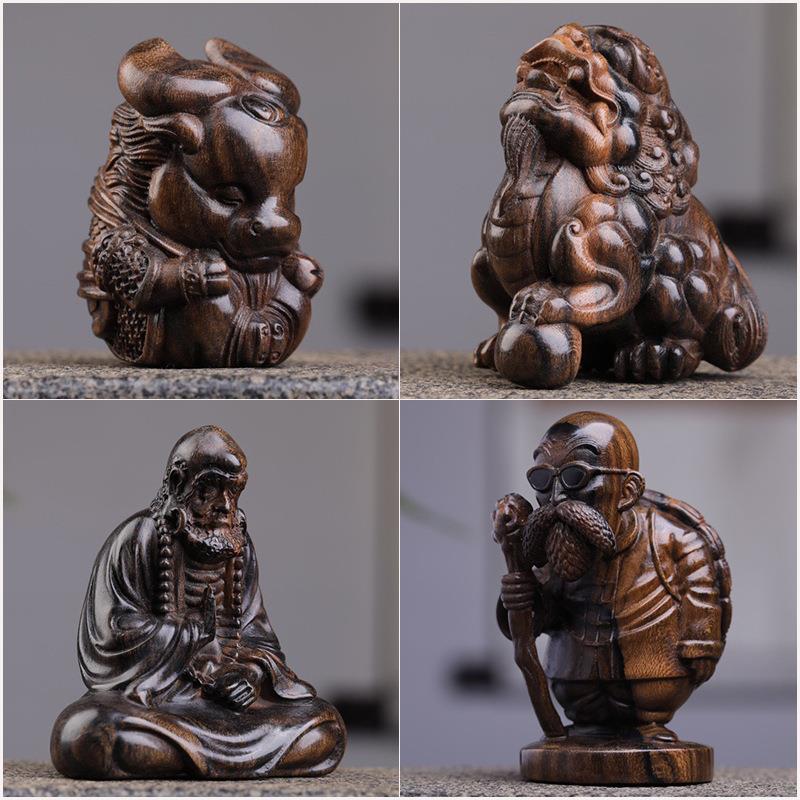 奇楠新沉香木黑柿木手工雕刻貔貅龙龟麒麟财神文玩手把件客厅摆件