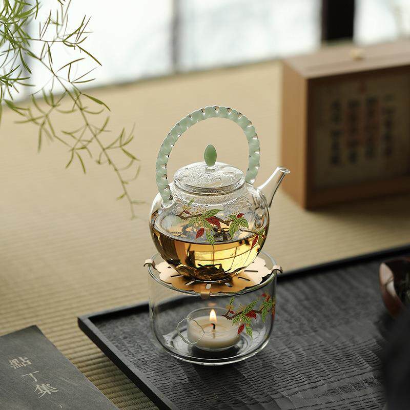 手工贴花桂花玻璃温茶炉蜡烛底座耐热高硼硅玻璃温茶器暖茶炉