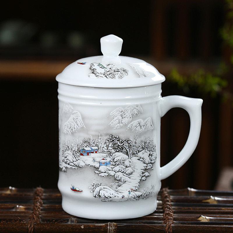 陶瓷茶杯带盖子家用杯子个人专用办会室水杯大容量景德镇青花瓷茶