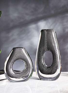 北欧创意灰色银箔水晶琉璃玻璃花瓶摆件设计师客厅异形琉璃花瓶器