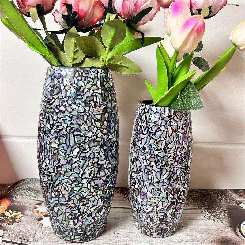 欧式简约花瓶婚庆餐桌陶瓷镶嵌贝壳花瓶摆件插花办公桌餐桌干花