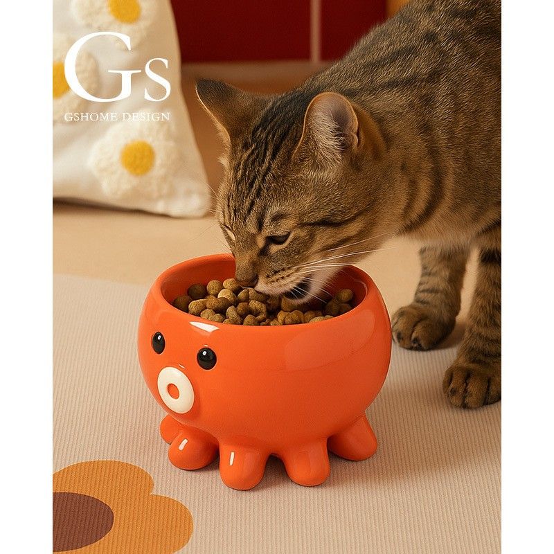 可爱矮脚猫碗陶瓷保护颈椎宠物食盆高颜值大容量浅口喝水碗防打翻图片