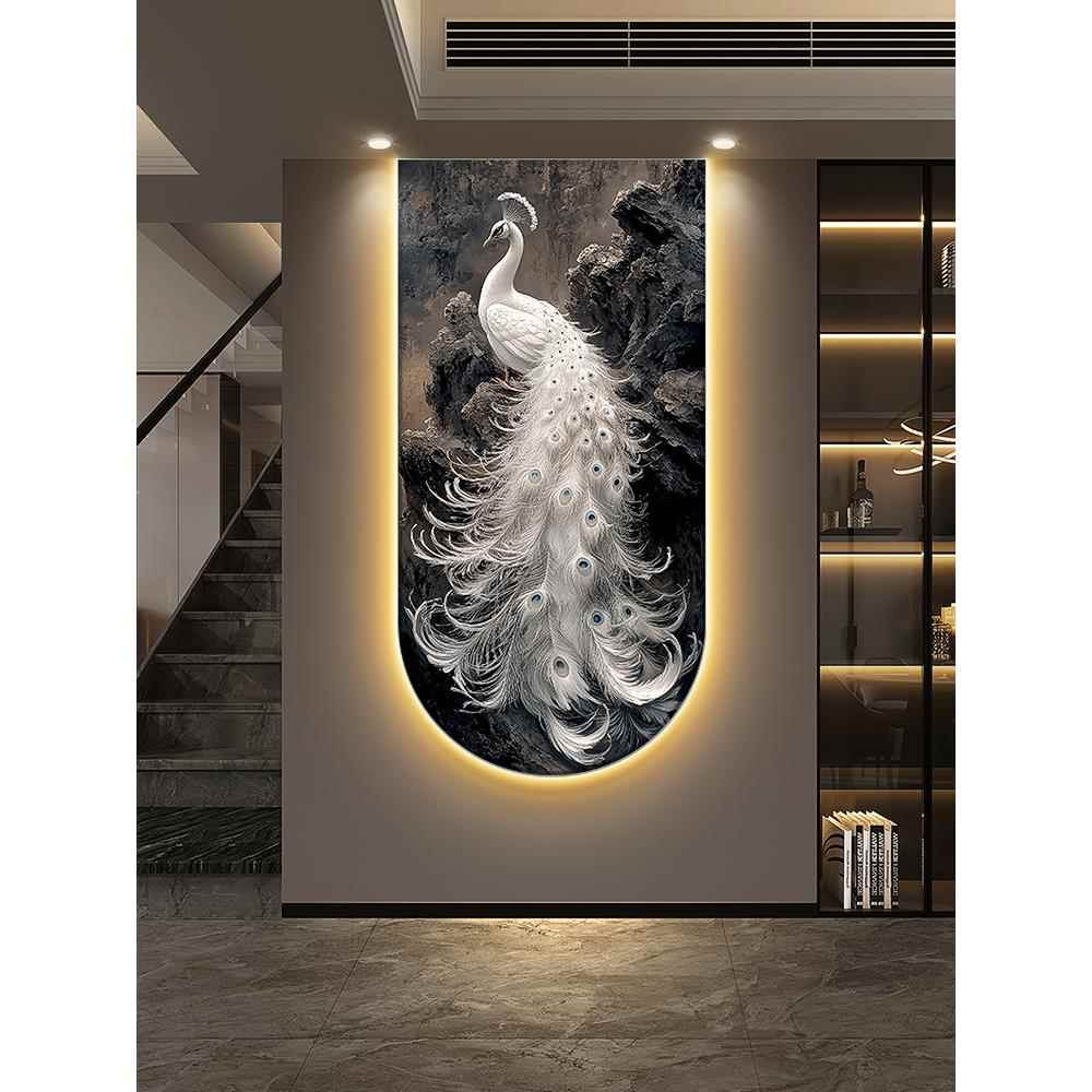 孔雀呈祥玄关装饰画立体浮雕入户带灯壁画感楼梯走廊过道挂画