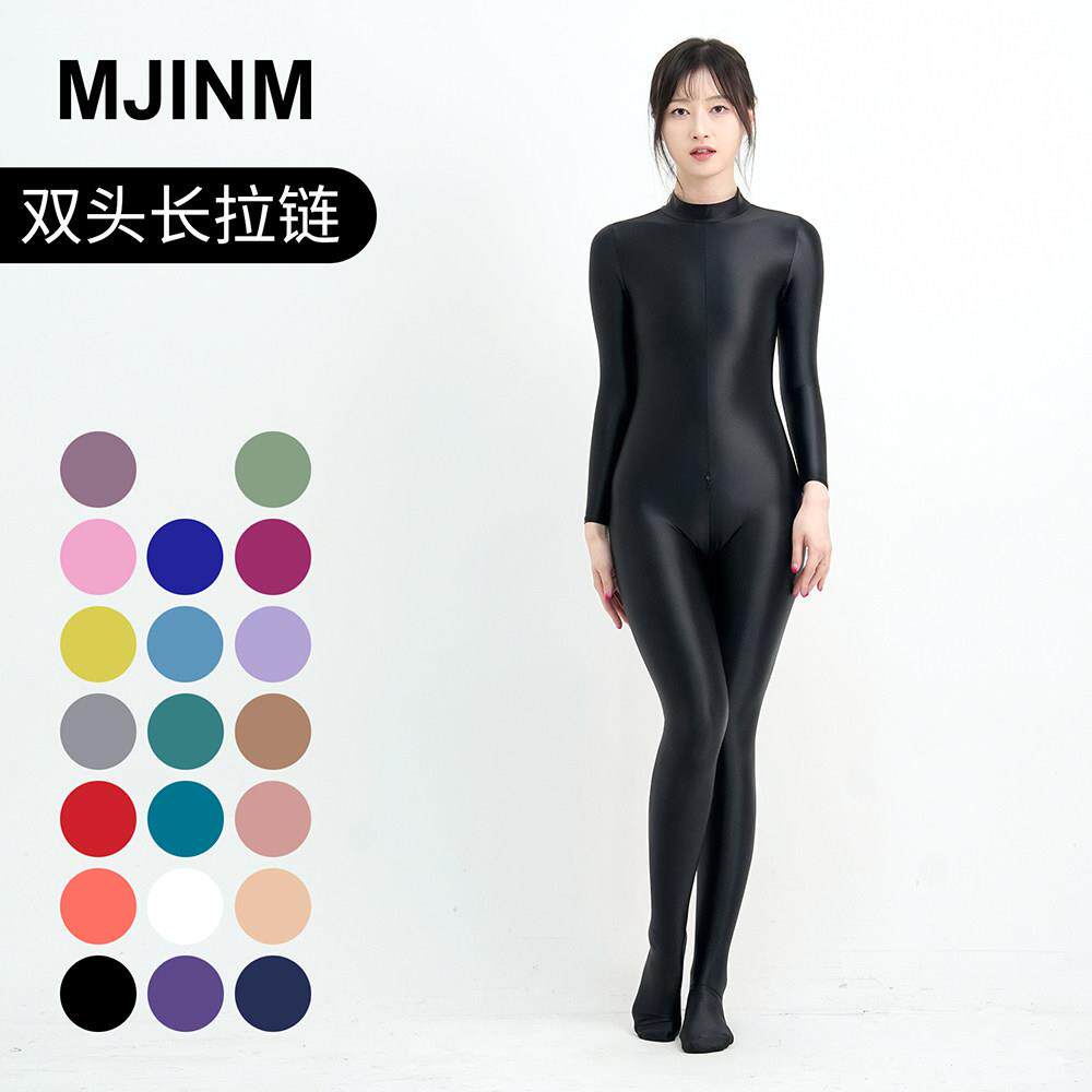 MJINM美仅美弹力光泽塑身健美运动紧身连身衣裤长拉炼 炼 长袖连