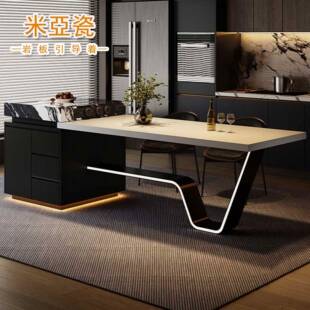 意式 木纹岩板中岛台餐桌一体可伸缩家用厨房倒台高级吧台纯黑导台