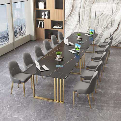 轻奢洽谈桌岩板会议桌条形办公桌椅组合北欧长方形工作台接待桌