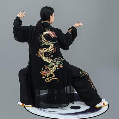 正品演马蕾纱太极春夏款男女式黑红色极服定制练功服贴绣龙表服太