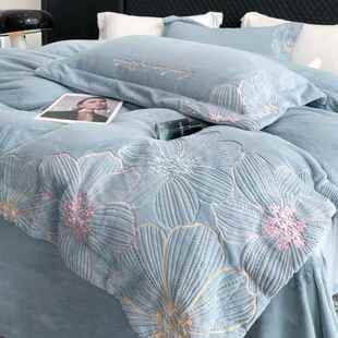 正品法式轻奢冬被天牛绒四件套套刺绣加厚珊瑚绒兰绒保法奶暖加绒