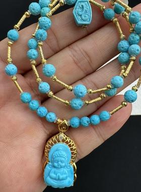 天然绿松石星球珠锁骨链18k金镶嵌宝宝佛公吊坠挂件28.5×14.2×6