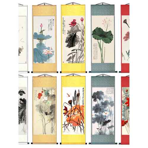 水墨荷花绢画中国画卷轴花鸟挂画家装古玩香礼品张大千礼品画