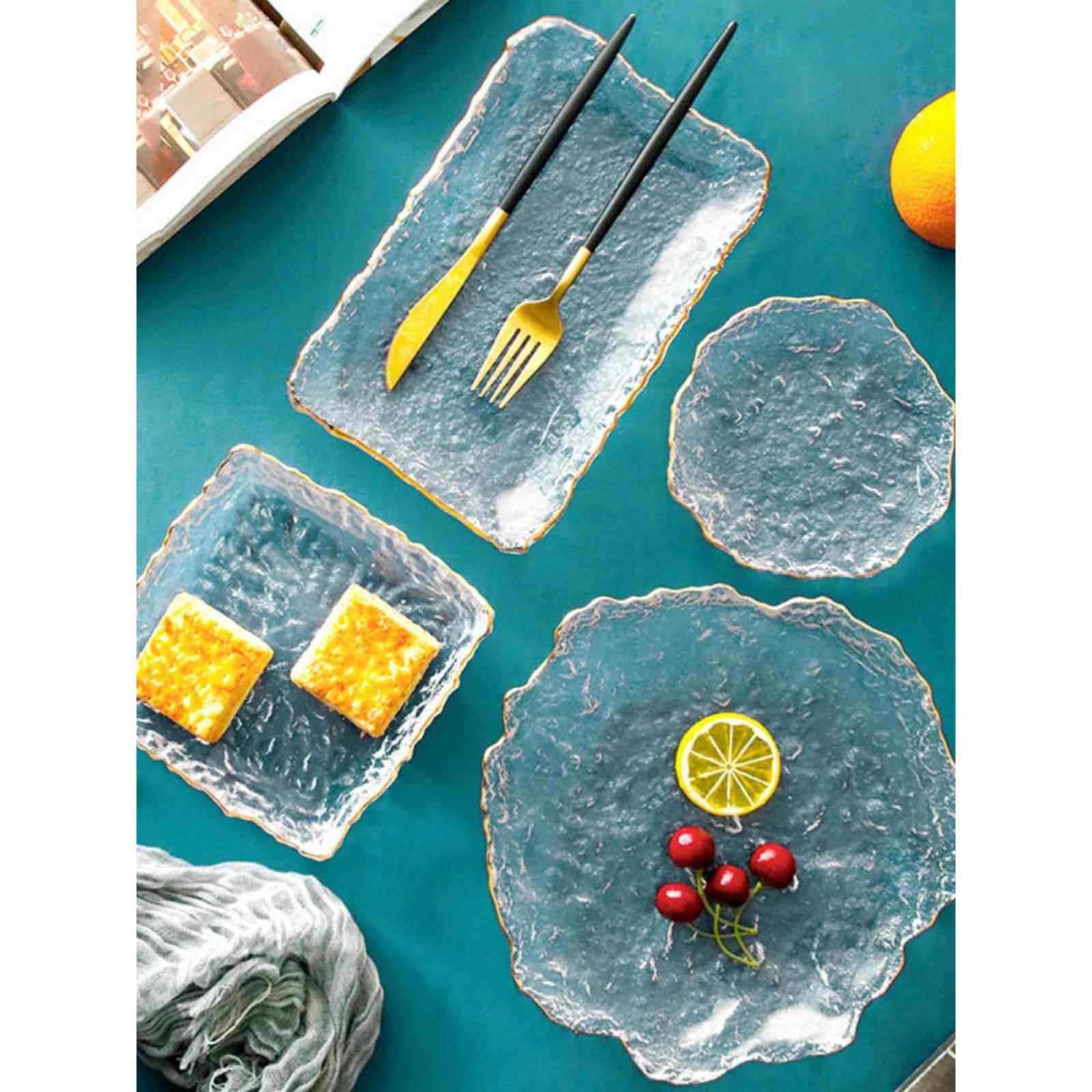 日式不规则锤目纹金边玻璃盘子创意冰露碟水果沙拉寿司餐具点心盘,餐饮具,盘,淘宝优惠券,粉丝福利购,淘宝优惠卷