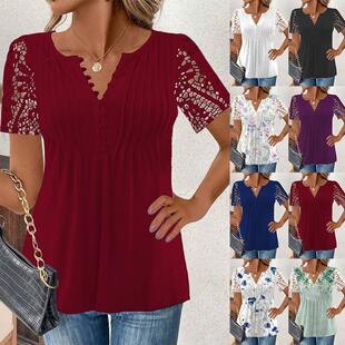 Women's lace lace sleeves with pleated printed short