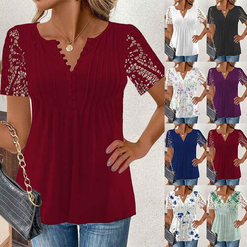 Women's lace lace sleeves with pleated printed short