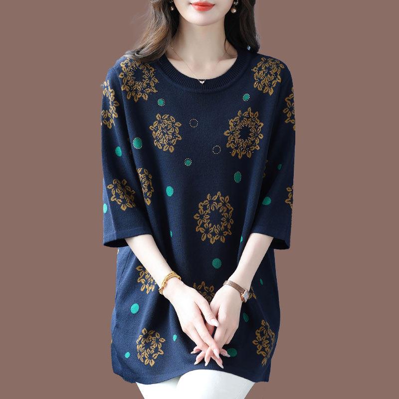 胖妈妈高端桑蚕丝七分袖印花T恤女中长款宽松遮肚子冰丝针织衫潮