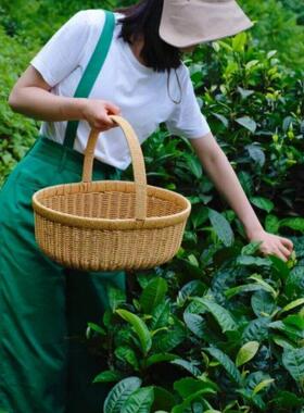 手提篮春游户外野餐藤编露营竹编菜篮编织篮采摘篮子采茶篮水果篮