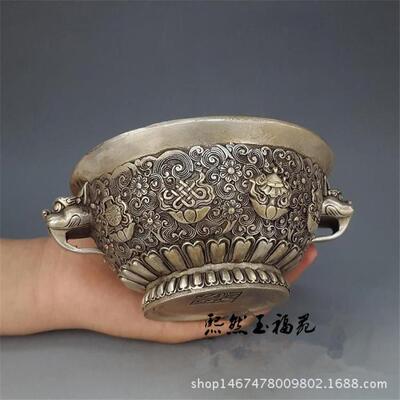 仿古纯铜白铜八宝碗摆件 黄铜镀银碗大号家居装饰古玩杂项收藏