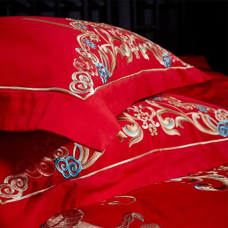 9ZRT纯棉枕套刺绣大红色单人枕头皮48*74CM一对婚庆结婚床品龙姿