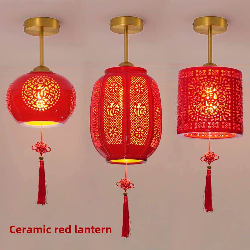 新中式红灯笼红色大堂大门口玄关阳台入户民宿景德镇陶瓷吸顶吊灯