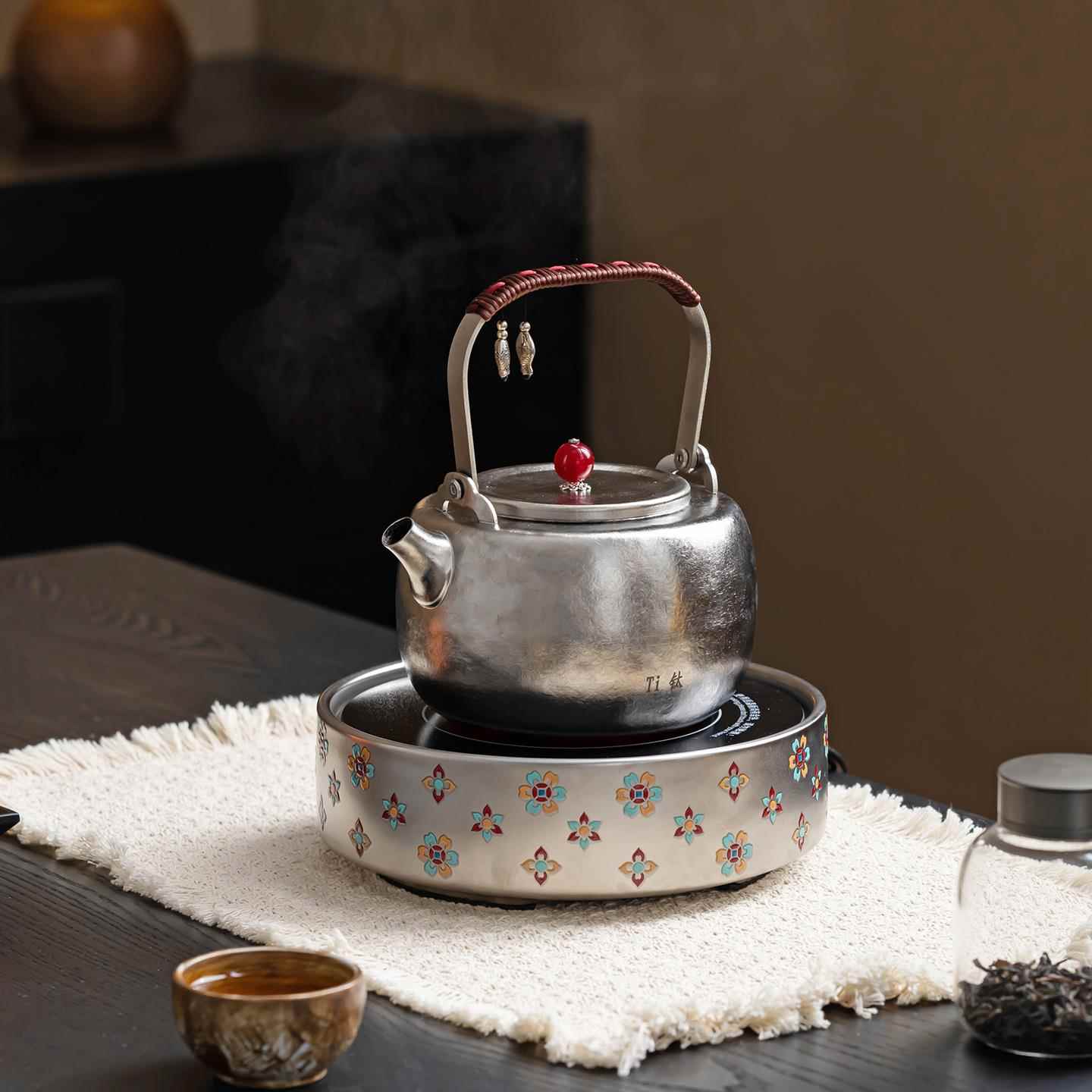 新款宝相花鎏钛银陶瓷电陶炉煮茶器茶炉煮茶壶家用纯钛烧水壶套装