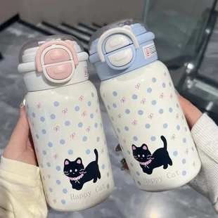 女高颜值ins吸管杯学生可爱便携316不锈钢杯子 小猫保温杯2025新款
