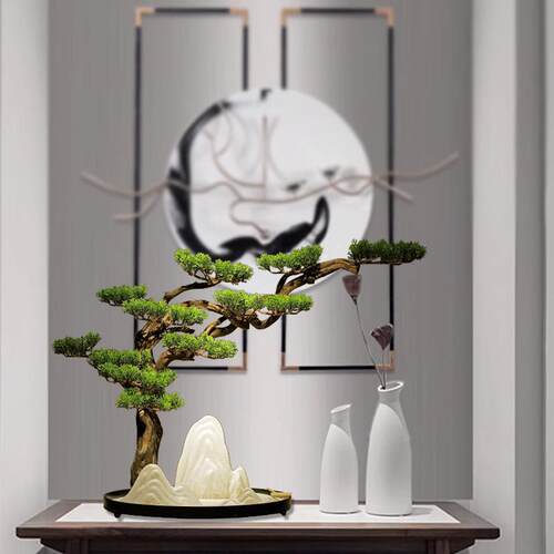 客新中式仿真迎盆松摆件玄关客厅办公绿植栽家TFP居装饰品山水造