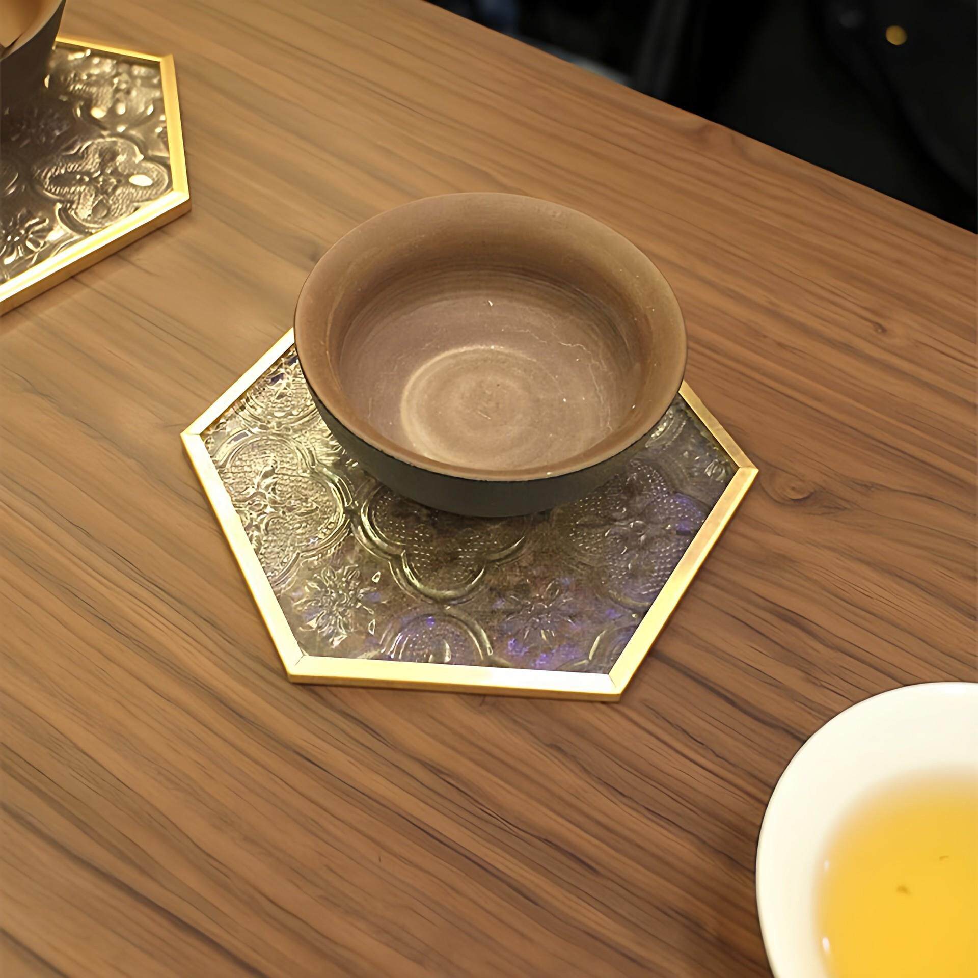 茶具用品茶杯垫铜色框玻璃杯垫水杯垫小茶壶垫隔热垫圣诞树隔热垫