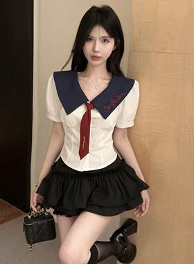 纯色风格Jk制服女式修身海军蓝领衬衫蓬松裙套装足浴足浴抠耳技师