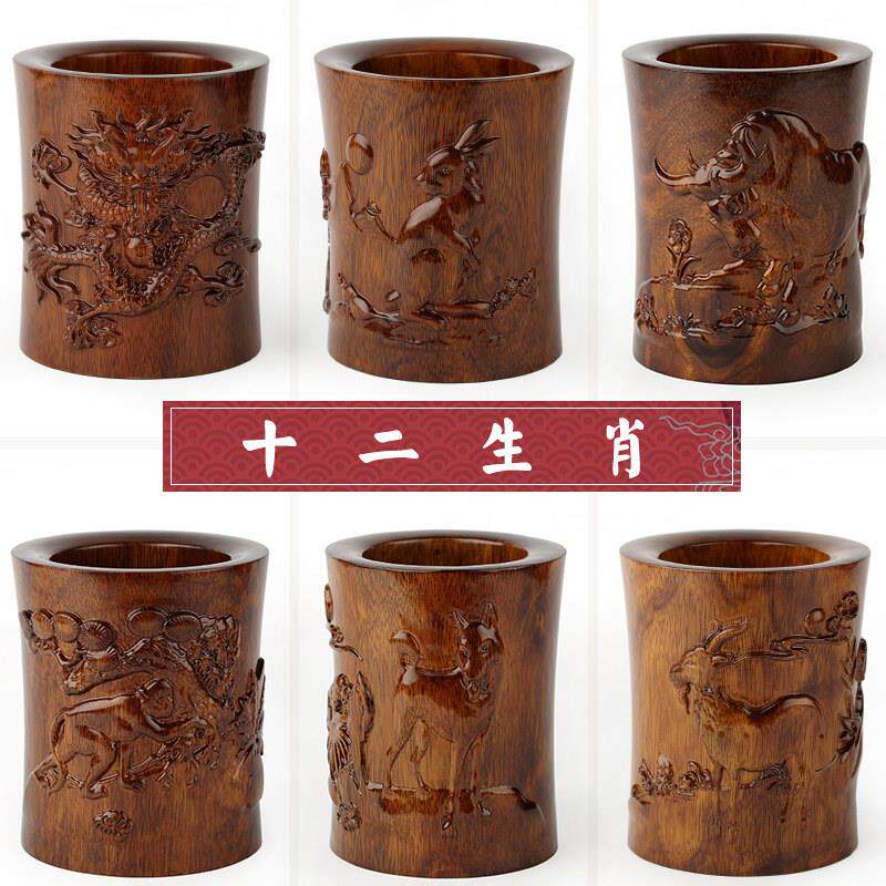 红木质工艺礼品摆饰实木雕刻十二生肖笔筒木龙年兔马羊牛老虎木头