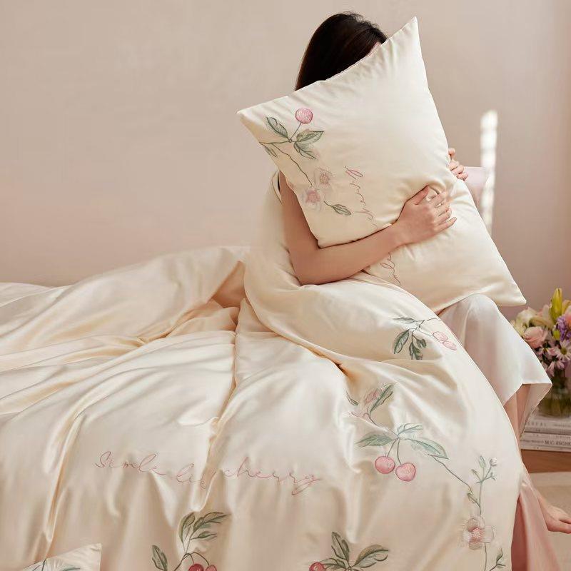 轻奢100s全棉长绒棉四件套纯棉贡缎刺绣小清新田园花卉床上用品