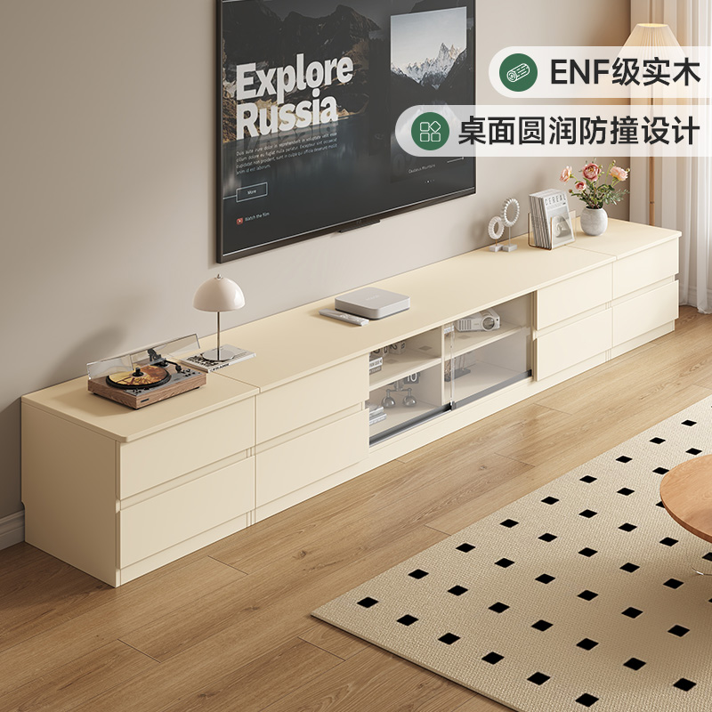 定制实木电视柜收纳储物柜一体客厅家用2025新款玻璃白色地柜边柜