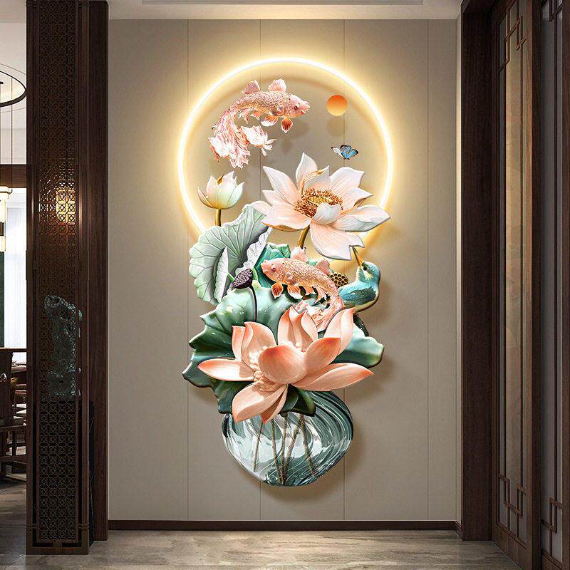 九鱼聚财图入户玄关装饰画新中式莲花走廊过道挂画锦鲤发光壁画灯