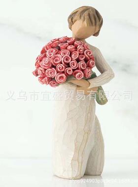 直销新款跨境情人节仿木雕装饰品摆件树脂工艺品 捧花设计人物造