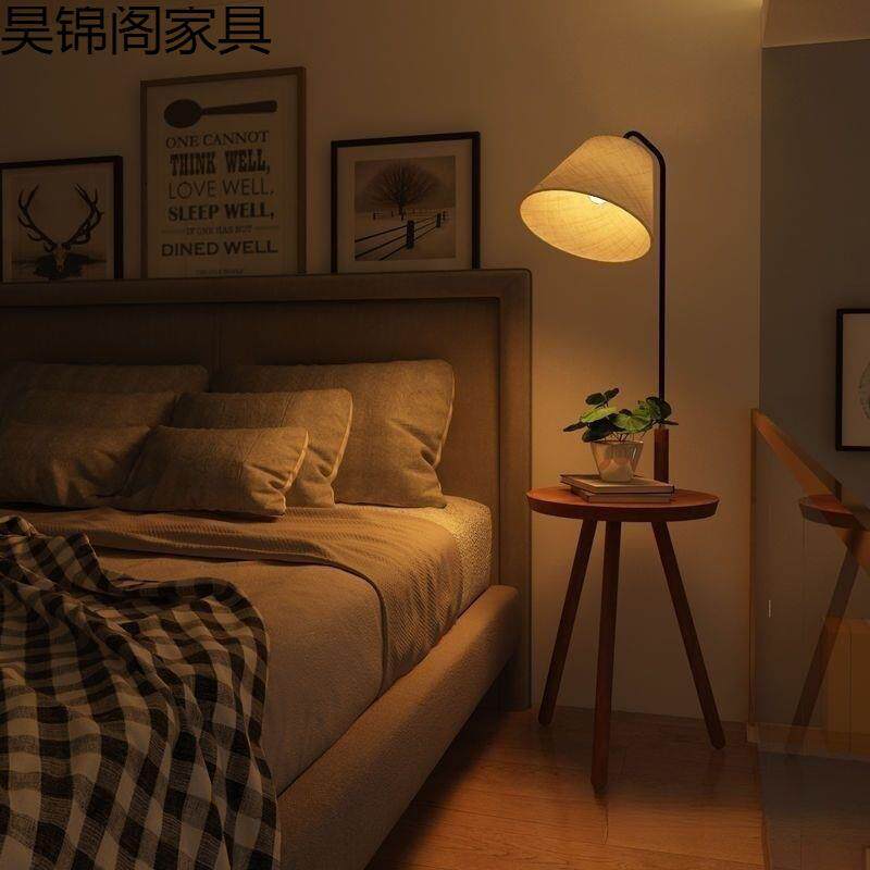 简约卧室床头柜置物一体网红立式台灯实木落地灯客厅沙发旁边茶几