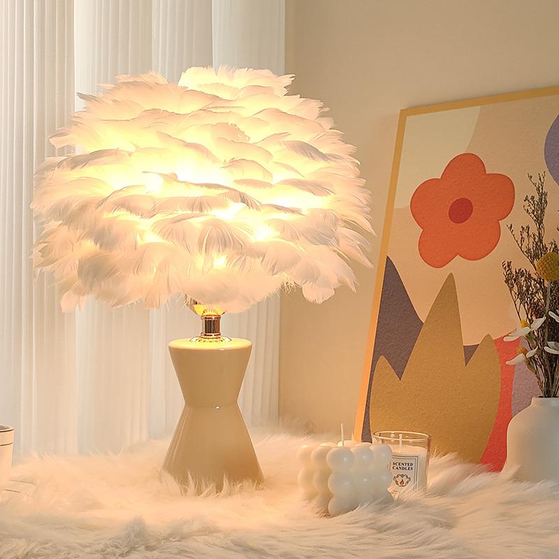 正品羽毛陶台灯瓷室家用北欧网红ins少卧女温馨浪漫结婚氛灯床围