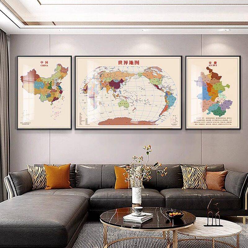 中国世界地图壁画客厅沙发背景装饰画现代简约书房办公室三联挂画