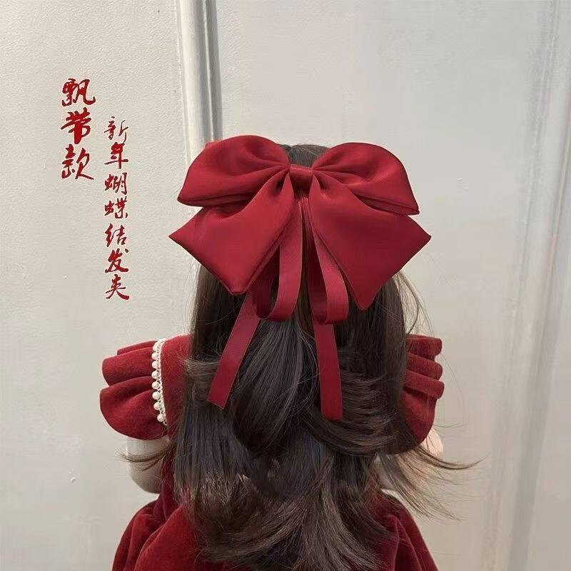 新款缎面飘带蝴蝶结发夹网红同款酒红色弹簧发夹发夹少女气质发饰