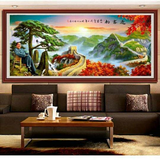江山如画客厅大幅迎客松万里长城十字绣满绣新款线绣