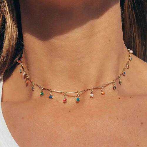 necklace women jewelry合金颈炼 炼  覆古彩色米珠流苏吊坠单层