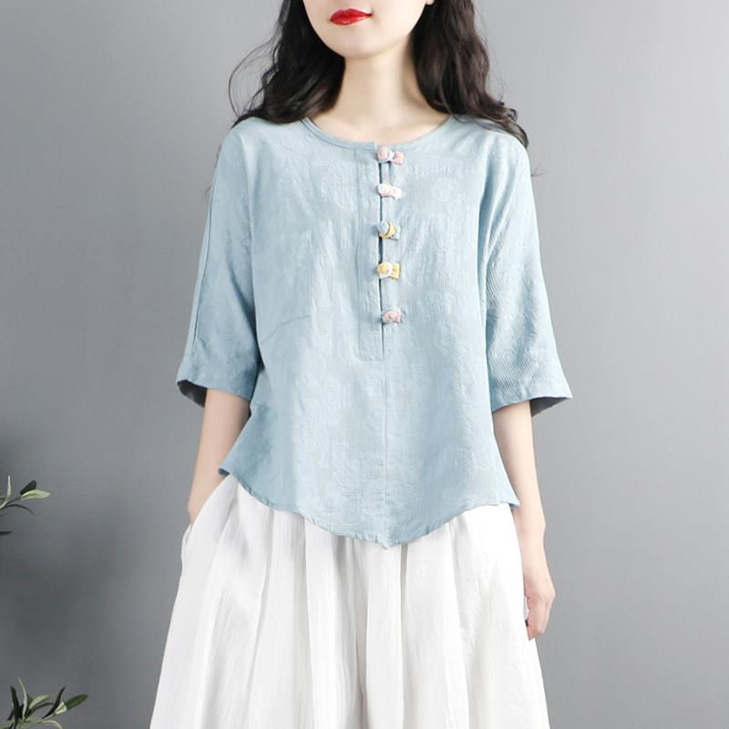 中国风太极服女麻上衣 复古盘扣太极拳练功服晨练服衬衫