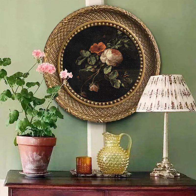 玄关装饰画法式al202405复古圆欧框美式花鸟卧室餐厅画式巴洛相克