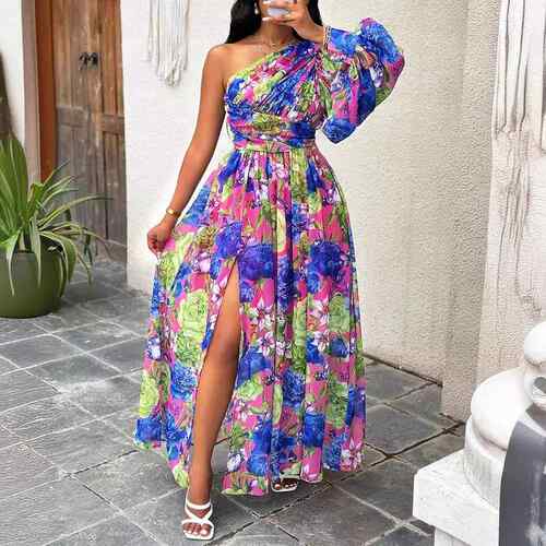Off shoulder long lantern sleeve printed dress for women's