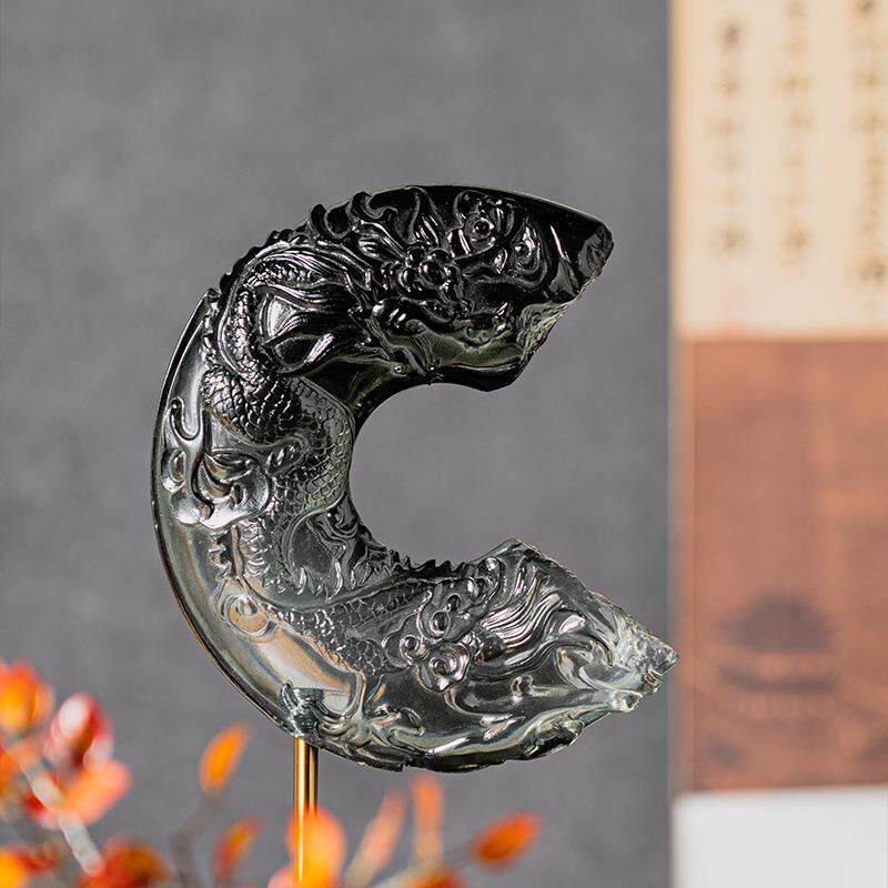新中式透明水墨弯月龙摆件样板房中古茶室禅意样板间软装饰品摆设