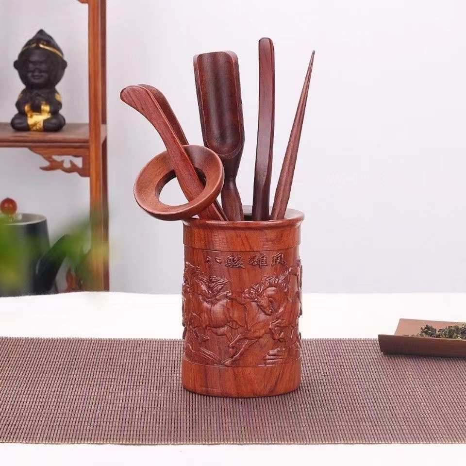 黑檀花梨实木茶道六君子笔桶茶具配件雕刻八骏茶桶夹勺拨功夫茶具