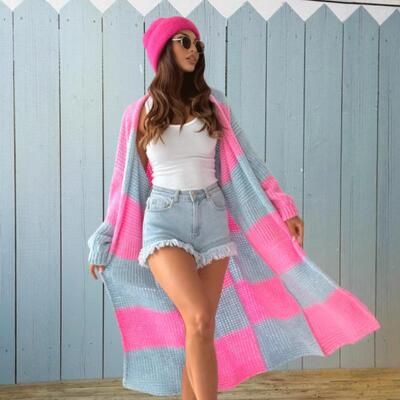 Medium to long colored checkered sweater cardigan for women