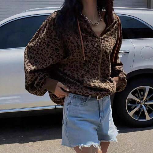 Women's Leopard Print Hooded Zipper Jacket Long Sleeve