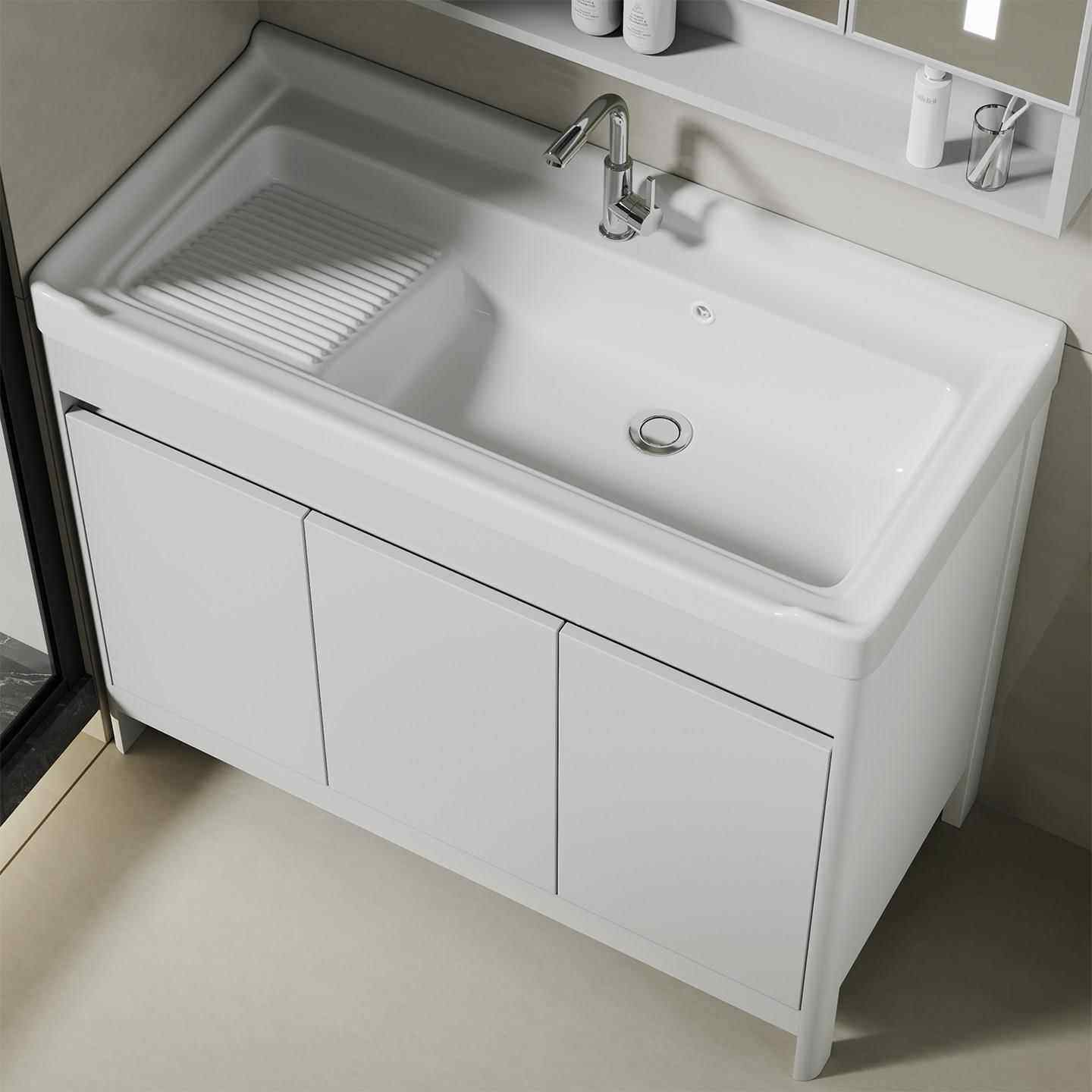 洗衣柜带搓板一体陶瓷洗衣盆池太空铝浴室柜组合阳台落地式洗手盆