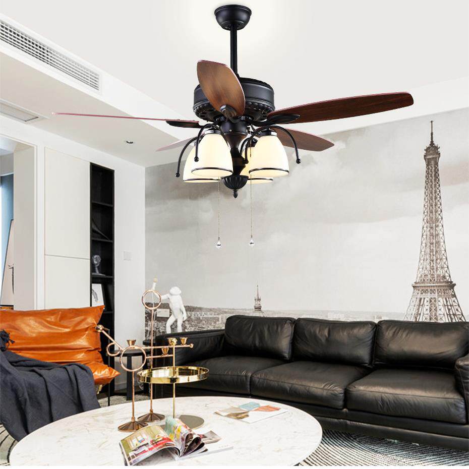 美式复古吊扇灯餐厅风扇灯家用客厅卧室欧式仿古木叶带电风扇的灯