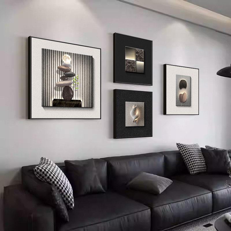 现代轻奢客厅装饰画黑白灰抽象沙发背景墙挂画高级感餐厅组合壁画